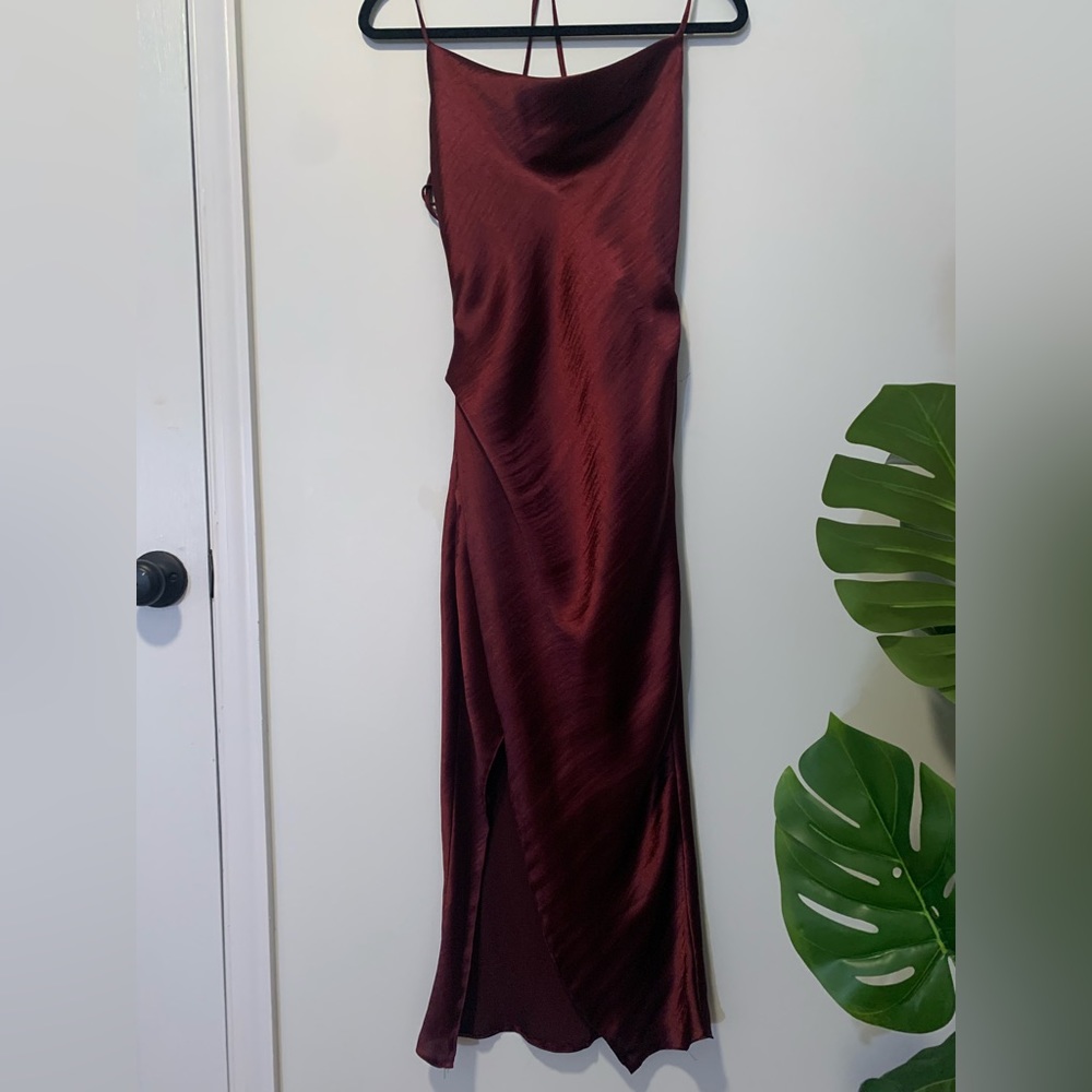 ASOS cami maxi slip dress in high shine satin with lace up back in red